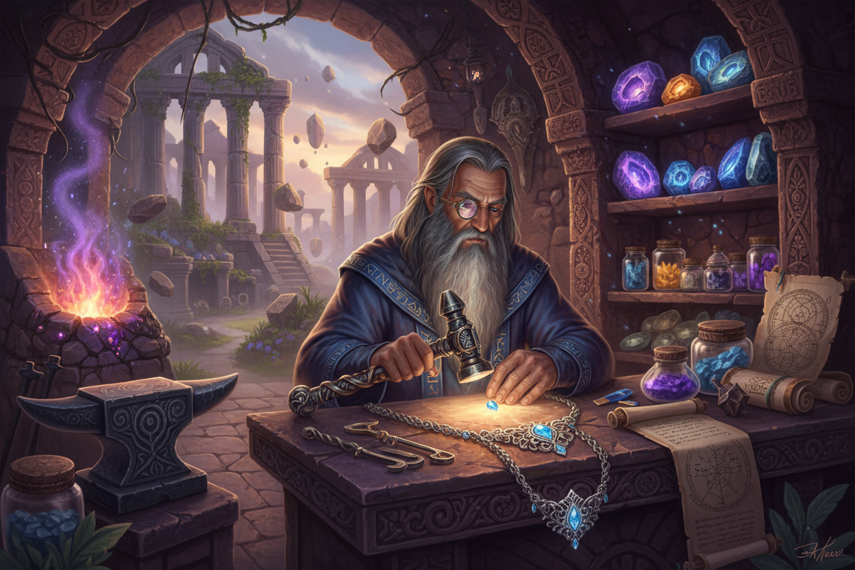 A magical wizard, stone smith, jewelry maker, surrounded by ancient magical tools and materials, ancient temples, ruins, decorative elements